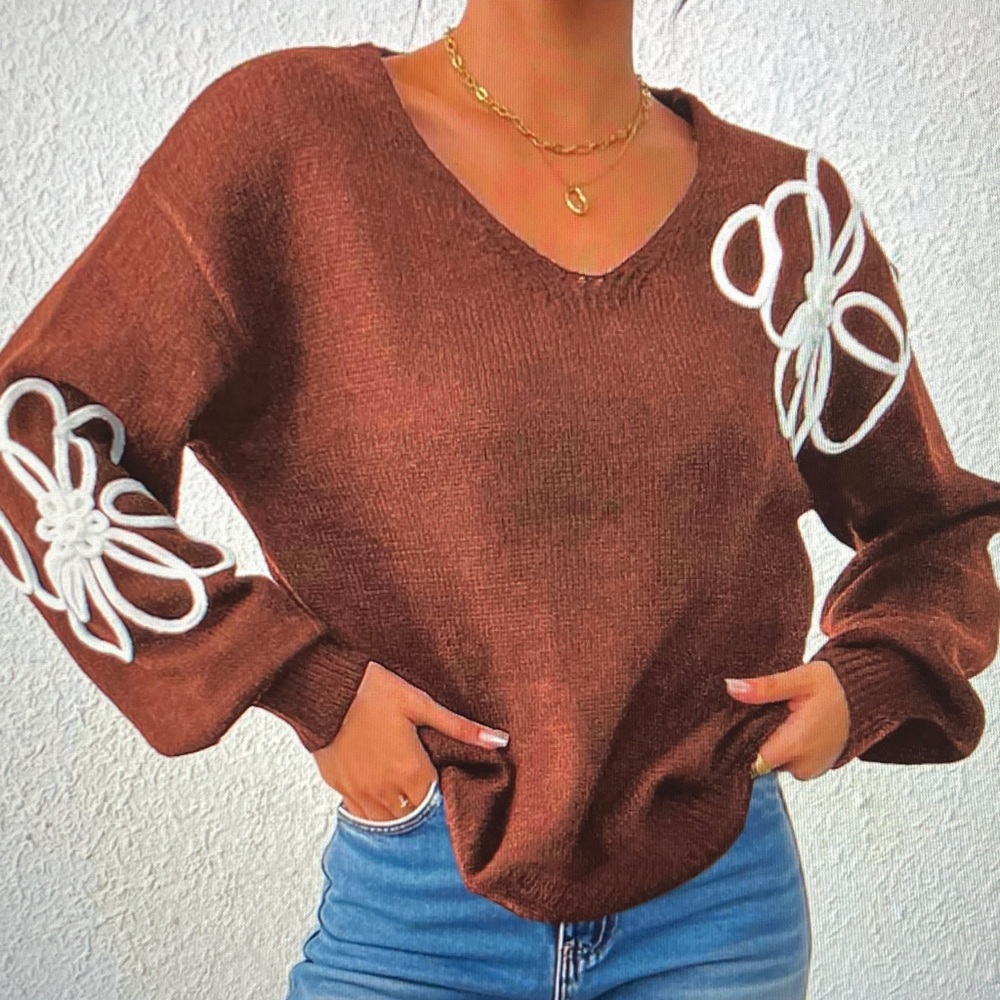 Brown Sweater with White Floral Accents
